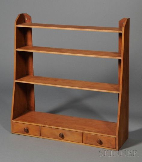 Shaker Maple, Birch, and Pine Hanging Wall Shelf with Three Drawers | Sale Number 2608M, Lot Number 16 | Skinner Auctioneers Shaker Shelves, Primitive Shelves, Shaker Style Furniture, Hanging Wall Shelf, Armoire Desk, Shaker Pegs, Mission Furniture, Fantasy Furniture, Shaker Furniture