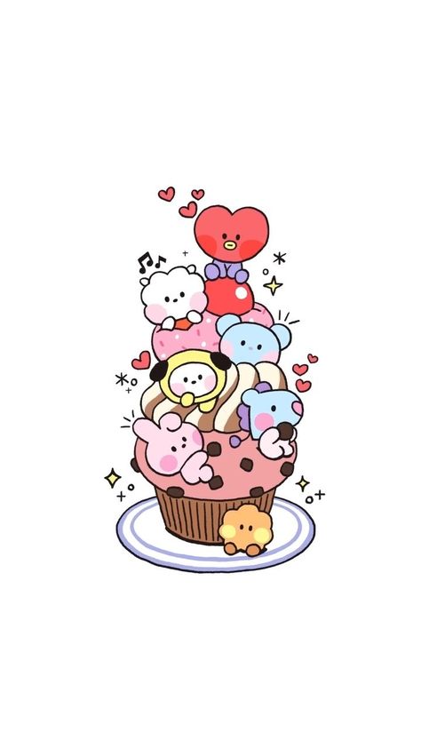 A still from a recent reel posted by BT21 on Instagram featuring Mang, Cooky, Chimmy, Koya, RJ, and Tata stacked on top of a cupcake with three different layers of icing and a cherry on top. Shooky is leaning against the base of the cupcake. Griffonnages Kawaii, ليلو وستيتش, Cupcake Art, Pola Kartu, Cuddle Buddy, Kawaii Doodles, Cute Doodles Drawings, Cute Kawaii Drawings, Cute Doodle Art