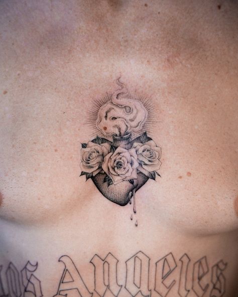 Sacred Heart Stomach Tattoo, Sacred Heart With Roses Tattoo, Sacred Heart Drawing Tattoo, Cute Sacred Heart Tattoo, Sacred Heart Tattoo Design, Sacred Heart Tattoo With Wings, Sacred Heart Tattoo, Sacred Heart Tattoos, Single Needle Tattoo