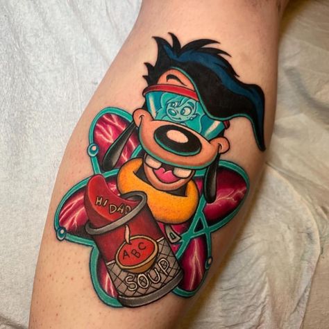 #tattoo #agoofymovie #max #maxgoof Cartoon Portrait Tattoo, Goofy Movie Tattoo, Nostalgic Tattoos, Practice Tattooing, Pop Culture Tattoos, Tat Inspiration, 90s Tattoos, Americana Tattoo, Disney Sleeve