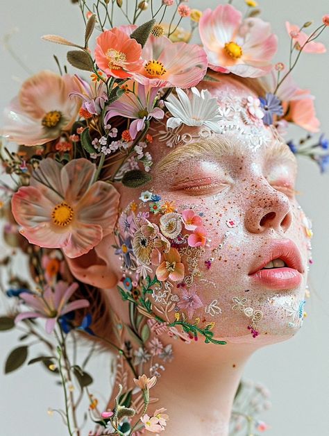 promptvicle Person Covered In Flowers, Flower Face Photography, Face Made Of Flowers, Flower People, Flower Portrait, Flower Skin, Flower Woman, Floral Headdress, Floral Makeup