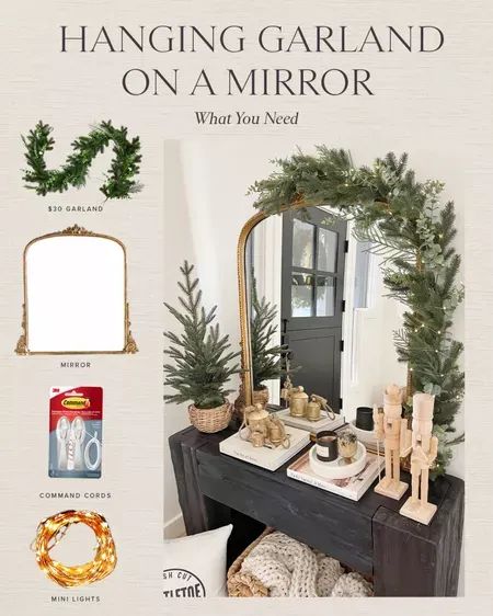 HOLIDAY \ hanging garland on a mirror, here's everything you need. Plus get the details on this console table and mirror | SBK Living Round Mirror Garland, Garland Around Round Mirror, Garland Swag Over Mirror, Christmas Decor Around Mirror, How To Hang Garland Around Mirror, Mirror With Garland, Wreath Hanging Mirror, Christmas Garland Over Round Mirror, Christmas Garland Around Mirror