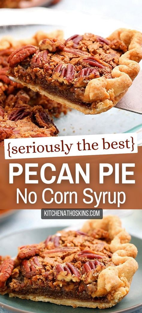 Learn how to make the best pecan pie without corn syrup that is made from scratch with brown sugar and homemade all butter pie crust. This easy Thanksgiving pie recipe has no corn syrup makes a great dessert for holidays like Christmas and Thanksgiving. Pecan Pie Made Without Corn Syrup, Less Sweet Pecan Pie, Not Too Sweet Pecan Pie, Homemade Pecan Pie From Scratch, No Corn Syrup Pecan Pie, Pecan Pie Recipe Without Corn Syrup, Pecan Pie No Corn Syrup, Pecan Pie Without Corn Syrup, Butter Pie Crust