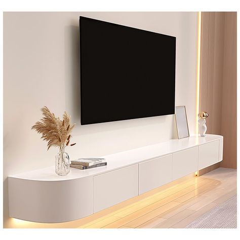 Floating Tv Unit Ikea, Contemporary Tv Console Design, Tv Back Design, Big Tv Small Stand, Accent Table Under Mounted Tv, Wooden Tv Console Modern, Shallow Media Console, Floating Shelf Media Wall, Living Room Floating Tv Stand