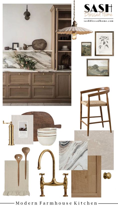 Timeless Kitchen Mood Board, Kitchen Mood Board Wood Cabinets, Farmhouse Interior Moodboard, Walnut Kitchen Mood Board, Kitchen Concept Board, Organic Modern Kitchen Mood Board, Modern Farmhouse Kitchen Mood Board, Kitchen Material Board Interior Design, Modern Farmhouse Moodboard