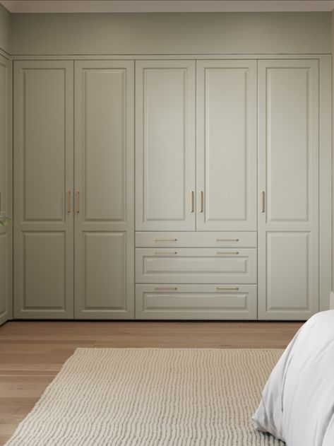 Sage Wardrobe Bedroom, Sage Green Bedroom Wardrobe, Sage Green Built In Wardrobe, Green Wardrobe Bedroom, Sage Green Wardrobe, Sage Wardrobe, Wardrobe Color Ideas Bedroom, Sage Bedroom, Fitted Wardrobes Bedroom