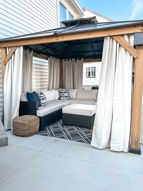 Small Patio With Gazebo, Patio Furniture Under Gazebo, Pergola With Curtains Ideas, Patio Cover Curtain Ideas, Backyard Patio Curtains, Gazebo With Curtains Ideas, Gazebo For Deck, Outdoor Patio Curtains Back Porches, Gazebo Furniture Ideas Backyard