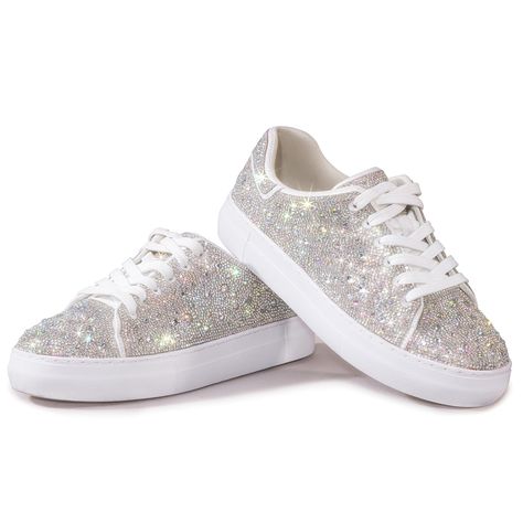 PRICES MAY VARY. Sparkle Rhinestone Sneakers - White studded inspired women's glitter sneakers featuring shimmering fabric and rhinestones. Dazzling gemstones rhinestones, sequins and glitter create a bold look and add some sparkle and glamor to your outfit. Versatile and Comfortable - Sparkly bling sneaker with a flat sole and soft insole for stability, support and a comfortable walking experience. Even after partying at a concert all day long, your feet won't feel sore. Experience all-day comf Sneakers For Homecoming, Hoco Sneakers, Party Bride Dress, Sparkle Tennis Shoes, Womens Glitter Sneakers, Stylish Tennis Shoes, Hoco Outfits, Wedding Tennis Shoes, Wardrobe Renovation