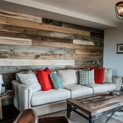 Reclaimed Wood Accent Wall Multicolor Wood Wall, Wood Plank Accent Wall, Salvaged Wood Projects, Wooden Dining Bench, Wooden Blanket Ladder, Reclaimed Wood Accent Wall, Wooden Accent Wall, Rustic Entryway, Reclaimed Wood Coffee Table