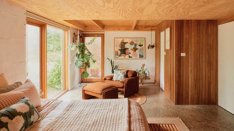 Earthy House, Timber Bench Seat, Mid Century Modern Homes, Mid Century Renovation, Wall Sheets, Louise Jones, Scandi Interior, Glen Arbor, Plywood Walls