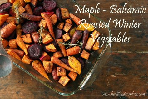 Maple-Balsamic Roasted Winter Vegetables Vegetable Roast, Fig Dressing, Roasted Winter Vegetables, Thanksgiving Salad Recipes, Thanksgiving Vegetables, Winter Vegetable, Winter Veggies, Mustard Vinaigrette, Maple Balsamic