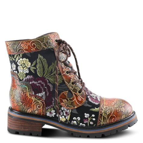 L'artiste Fantastic Booties Incredible Leather Combination Bootie Showing An Embroidered Textile And Embossed Floral Leather On A Comfort Lug Sole. Upper: Leather, Textile Lining: Faux Fur Insole: Faux Fur Outsole: Rubber Closure: Lace-Up, Zipper Heel Height: 1 3/4" Platform Height: 3/4" Shaft Height: 5 1/2" Circumference: 9"-11 1/2" Adjustable, Comfort Styling High Top Sneakers, Clarks Originals Desert Boot, Artistic Shoes, Mens Clogs, L'artiste By Spring Step, Style Masculin, High Top Boots, Spring Step Shoes, Zipper Heels