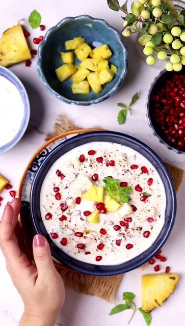 Pineapple Raita, Raita Recipe, Fresh Pineapple, Fruit Snacks, Quick Recipes, Lunches And Dinners, Quick Meals, Summer Recipes, Pomegranate