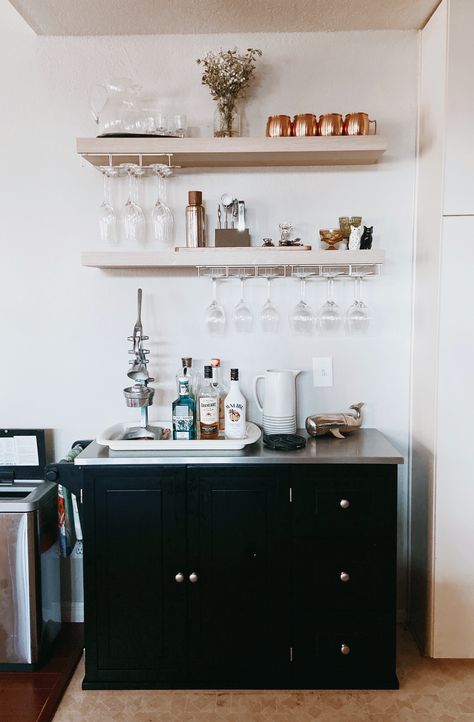 Floating Shelves Wine Bar, Floating Shelves Glassware, Drybar With Floating Shelves, Bar Cabinet Floating Shelves, Bar Cabinet With Floating Shelves Above, Ikea Floating Shelf Kitchen, Glass Hanging Shelves, Bar Cart And Floating Shelves, Floating Shelves Over Bar Cart