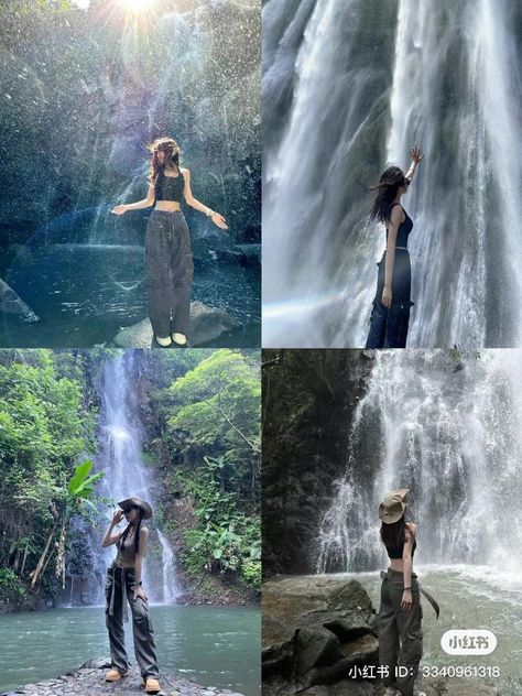 Waterfalls Outfit Ideas, Waterfall Photo Ideas, Poses Near Waterfall, Waterfall Poses Photo Ideas, Waterfall Photoshoot Ideas, Waterfall Poses, Waterfall Picture Ideas, Hiking Pose, Hiking Poses