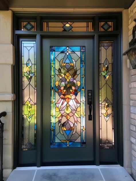 15+ Stunning Stained Glass Front Door Designs for a Unique Entryway • 333+ Art Images Unique Exterior Door, Modern Stainglass Windows, Stained Glass Over Door, Front Door With Glass Design, Stainglass Front Doors, House With Stained Glass Window, Stained Glass Door Design, Door With Stained Glass Panel, Stained Glass Windows Front Door