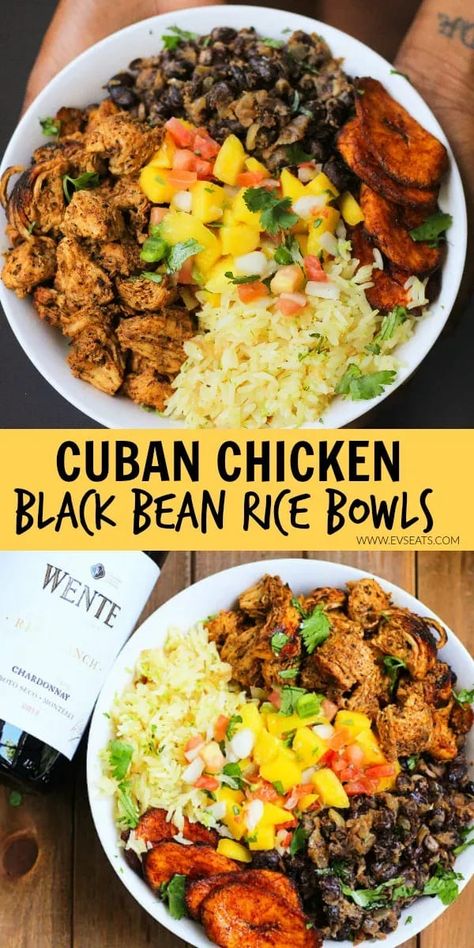 Cuban Chicken & Black Bean Rice Bowls -Cilantro-lime rice and Cuban style black beans serve as the base for juicy chicken tossed in a blend of fresh orange juice, lime juice, garlic, smoked paprika, oregano, and cumin. Cuban Style Black Beans, Black Bean Rice, Chicken Black Bean, Cuban Chicken, Bean Rice, Healthy Bowls Recipes, Cuban Style, Lime Rice, Healthy Bowls