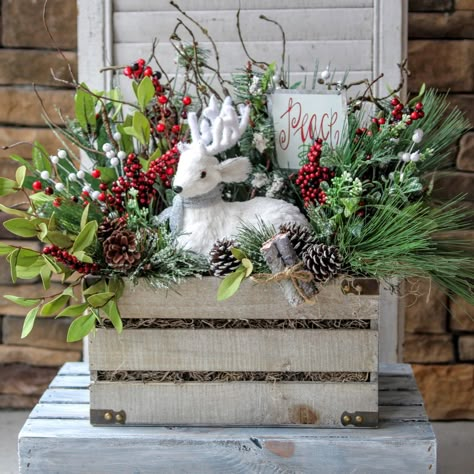 Winter Centerpiece, Winter Centerpieces, Silver Scarf, Crate Ideas, White Birds, Christmas Flower Arrangements, Christmas Planters, Holiday Greenery, White Deer