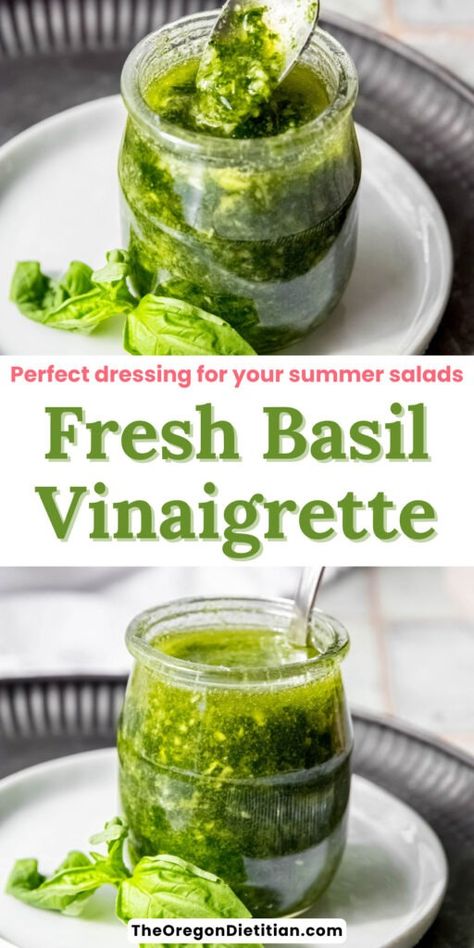 Dive into the flavors of summer with my Fresh Basil Vinaigrette! Perfect for drizzling over your favorite salads, this easy recipe uses just a handful of ingredients, including heart-healthy olive oil and zesty lemon. Whether you're dressing a grilled steak salad or looking for a bright touch to your summer salads, this vinaigrette promises a delicious burst of flavor. Ready in just 5 minutes, it will be your new go-to salad dressing recipe. #saladdressingrecipes #homemadevinaigrette Honey Basil Vinaigrette, Lemon Basil Vinaigrette Dressing, Olive Oil Dressing Recipes, Basil Vinaigrette Dressing, Lemon Basil Vinaigrette, Grilled Steak Salad, Basil Olive Oil, Olive Oil Dressing, Basil Vinaigrette