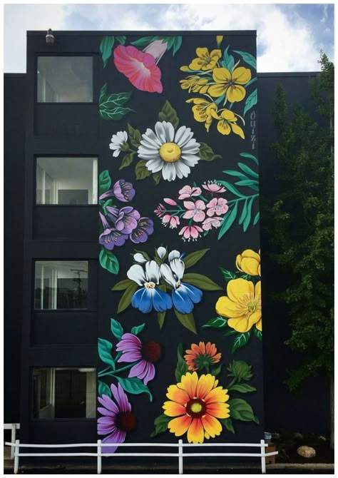 Bursts of stylized flowers by ‘Ouizi’ transform buildings into floral canvases #art #mural #florals Ranunculus Purple, Michigan Wildflowers, Buttercup Ranunculus, Louise Jones, Purple Coneflower, Garden Mural, Flower Mural, Linoleum Print, Banksy Graffiti