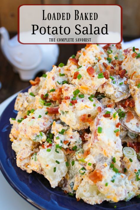 Loaded Bacon Cheddar Baked Potato Salad  ~ The classic potato salad gets a makeover with oven-baked potatoes, bacon, cheddar, chives, and a salad base of sour cream, mayo, and Greek yogurt ~ The Complete Savorist #potatosalad #bakedpotatosalad #potatosaladrecipe Recipe For Baked Potato, Potato Loaded, Baked Potato Salad Recipe, Potato Salad With Bacon, Loaded Potato Salad, Loaded Baked Potato Salad, Best Potato Salad Recipe, Baked Potato Salad, Potato Salad With Egg