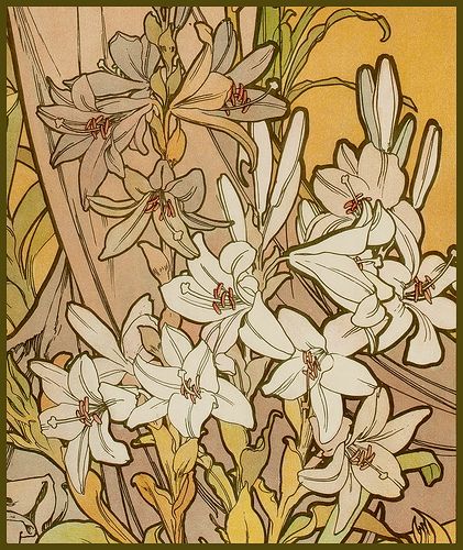 Mucha, Alphonse 'Les Fleurs-The Lily' 1898 | Plum leaves | Flickr Tattoo Avant Bras, Plum Leaves, Fleurs Art Nouveau, Arte Aries, Art Nouveau Mucha, Nouveau Flowers, Motifs Art Nouveau, Art Nouveau Tattoo, Nouveau Tattoo