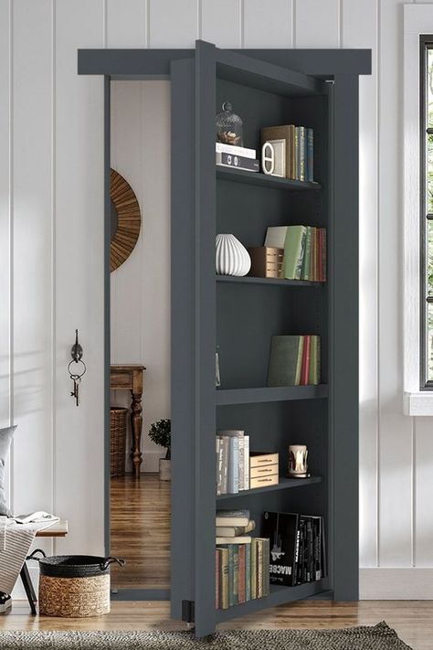 Our flush mount Bookcase Door lets you create a secret space, all your own, anywhere within your home. Available in 6 woods, 36 finishes, and the latest paint grade options to contrast or compliment any décor. Installs like a regular door! What's behind your Murphy Door? #murphydoor #hiddendoor #bookcasedoor #bookcase Concealed Bookcase Door, Hallway Secret Door, Murphy Door Bookshelf, Murphy Shelf Door, Hidden Door Behind Bookcase, Bookshelf Barn Door, Door With Bookshelf, Hidden Bedroom Door Ideas, Murphy Bookshelf Door