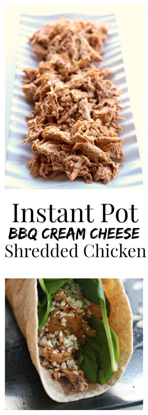 Instant Pot Shredded BBQ Cream Cheese Chicken Recipe–tender chicken breasts cooked in minutes in your pressure cooker and then mixed with cream cheese and BBQ sauce. This 3 ingredient chicken is addictive! Perfect to serve on sandwiches, rolled up in tortillas or on pizza. Ip Chicken, Instant Meals, Chicken And Cheese Recipes, Nye Dinner, Instant Food, Electric Pressure Cooker Recipes, Cheese Sauce Recipe, Bbq Chicken Recipes, Cheese Chicken