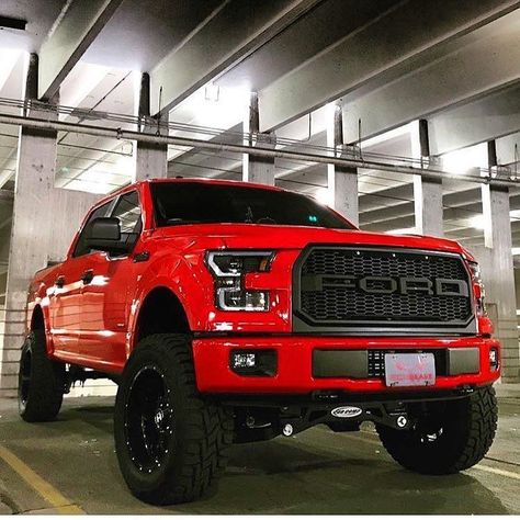 Top 10 Red Lifted Ford F150 Trucks You Must See. Red Lifted Ford F150 with blacked out custom grille and Hostile wheels. Ideas for Ford truck owners.  #fordtruck #liftedford #liftedfordf150 #redf150 #customfordf150 #f150_gallery Ford F150 Lifted, Ford Trucks For Sale, Custom Wheels Trucks, Custom Lifted Trucks, Ford Trucks F150, Lifted Ford, Ford Mustang Car, F150 Truck, Truck Yeah