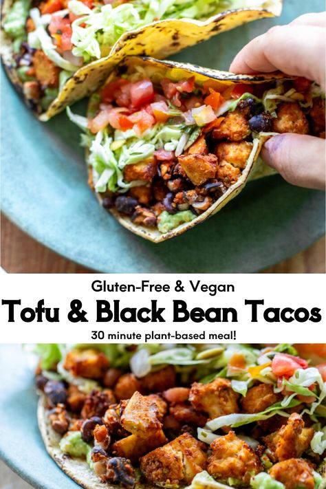 These Vegan Tofu Tacos feature a delectable tofu and black bean chorizo filling, bursting with spices and plant-based protein. Serve them on a corn tortilla with your favorite toppings for a mouthwatering vegan dinner that can be ready in just 30 minutes! Tofu Black Bean Tacos, Vegetarian Taco Filling Ideas, Vegan Tofu Tacos, Vegan Taco Recipes, Plant Based Tacos, Burrito Ideas, Tofu Burrito, Vegan Avocado Dressing, Mexican Recipies