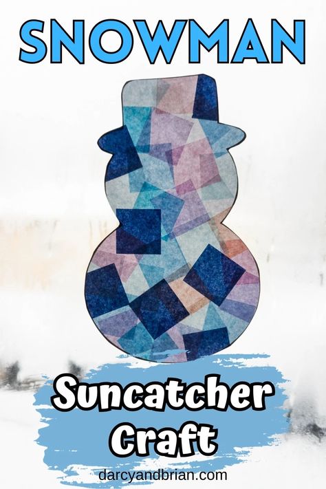 Snowman Suncatcher Craft for Kids | Winter Tissue Paper Crafts Winter Stained Glass Craft, Snow Themed Art Projects For Kids, Toddler Suncatcher Craft, Snowflake Suncatcher Craft, Snowman Suncatcher Craft, Tissue Paper Squares Craft Ideas, Christmas Contact Paper Craft, Winter Weather Crafts For Preschoolers, Tissue Paper Snowman