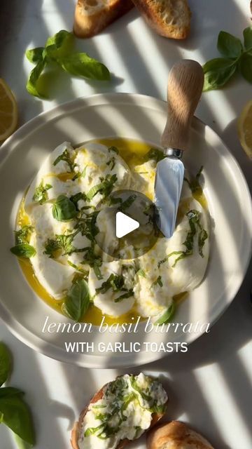 Brushetta Appetizers Burrata, Burrata Tomato Basil Appetizer, Burrata Pesto Appetizer, Lemon Basil Burrata With Garlic Toast, Garlic Toasts, Ricotta Lemon Basil Honey Bruschetta, Crunchy Garlic, Recipes Potatoes, Recipes Mediterranean