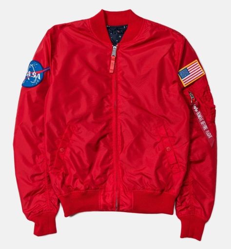 Red NASA Jacket Nasa Jacket, Nasa Clothes, Nasa Hoodie, Womens Black Leather Jacket, Boyfriend Jacket, Kushina Uzumaki, Nasa Astronauts, Skateboarder, Reversible Jacket