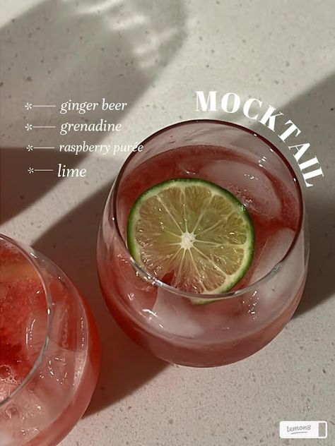 Ginger Mocktail, Less Alcohol, Raspberry Puree, Mocktail Drinks, Drink Recipes Nonalcoholic, Dry January, Refreshing Drinks Recipes, Diy Drinks, Fancy Drinks