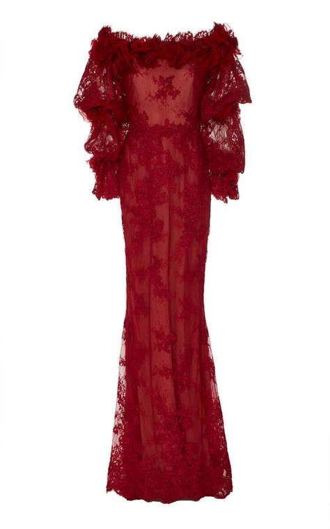 Gown Moda Operandi, Lace Aesthetic, Marchesa Fashion, Marchesa Dress, Off Shoulder Gown, Off Shoulder Dresses, Red Lace Dress, Fantasy Dress, Marchesa