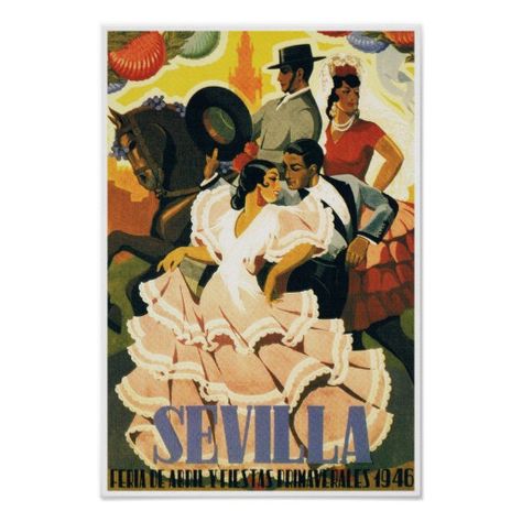 Sevilla Spain 1946 Festival; Vintage Travel Poster Old Posters, Spanish Posters, Travel Vintage, Seville Spain, European Vintage, Retro Wall Art, Poster Vintage, Spain Travel, Vintage Travel Posters