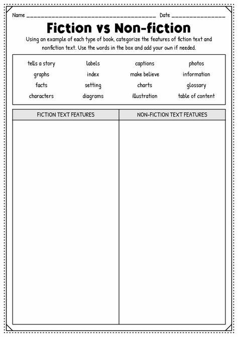 Fiction and Nonfiction Worksheets Non Fiction Text Features Worksheet, Fiction Non Fiction Activities, Fiction Or Nonfiction Worksheet, Fiction And Nonfiction Worksheets, Fiction Vs Nonfiction Activities, Non Fiction Text Features, Fiction Vs Nonfiction, Narrative Writing Activities, Literary Genres