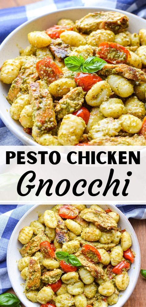 Creamy Pesto Baked Gnocchi & Chicken Skillet, Gnocchi Recipes Dairy Free, Chicken Pesto Gnocchi Recipe, Pesto Gnocchi Recipes, Pesto Chicken Gnocchi, Healthy Gnocchi Recipes, Healthy Gnocchi, Easy Gnocchi Recipe, Ramp Recipes