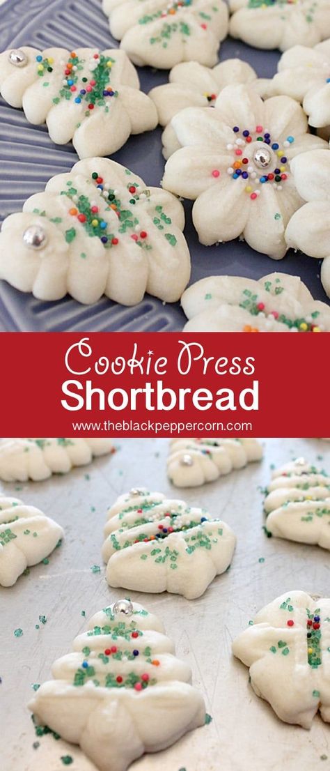 Christmas Shortbread Cookies, Cookie Press Recipes, Christmas Spritz Cookies, Shortbread Recipe Easy, Spritz Cookie, Whipped Shortbread, Best Shortbread Cookies, Spritz Cookie Recipe, Shortbread Cookies Christmas