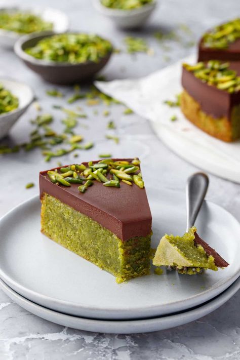 Flourless Pistachio Cake with Chocolate Ganache | Love and Olive Oil Flourless Pistachio Cake With Chocolate Ganache, Cake With Vegetables, Unique Pound Cakes, Flourless Pistachio Cake, Pistachio Cake Recipe Easy, Green Baked Goods, Italian Pistachio Cake, Healthy Pistachio Cake, Gluten Free Pistachio Dessert