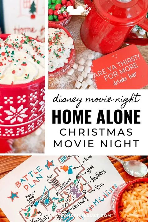 Christmas Movies Theme Party, The Santa Claus Movie Night, Home Alone Themed Dinner, Kids Christmas Movie Night Ideas, Christmas Movie Night Themes, Movie Theme Christmas Party, Toddler Christmas Movie Night, Home Alone 2 Movie Night, Home Alone Cocktail