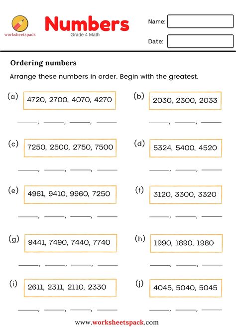 Arrange the numbers in order. Begin with the greatest. Year 4 Maths, Grade 4 Math, Easy Math Activities, Mental Maths Worksheets, Easy Math, Math Practice Worksheets, Math Addition Worksheets, Worksheets For Grade 3, Numbers Worksheets