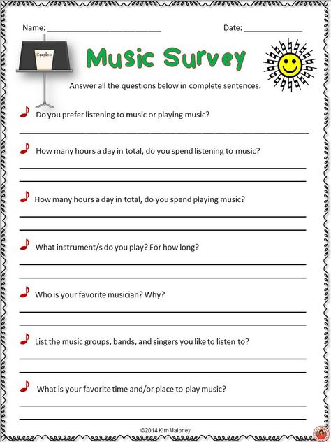 Start the new term/semester/year with these fun surveys for your music students.  Get to know their music background AND their literacy level!   #musedchat     #musiceducation Teaching Choir, Student Interest Survey, Student Survey, Elementary Music Class, Music Teaching Resources, Middle School Music, Elementary Music Lessons, Music Curriculum, Music Lesson Plans