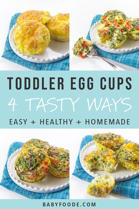 These healthy, make ahead Toddler Breakfast Egg Cups come in four different tasty combinations and are filled with vegetables, eggs, cheese and even bacon! A filling and nutritious breakfast for your toddler that is perfect for on-the-go eating. #toddler #fingerfood #breakfast #babyledweaning Make Ahead Toddler Breakfast, Breakfast Egg Cups, Egg Muffins Breakfast Healthy, Healthy Toddler Breakfast, Egg Cups Breakfast, Baby Food Chart, Egg Muffins Breakfast, Toddler Breakfast, Egg Muffins