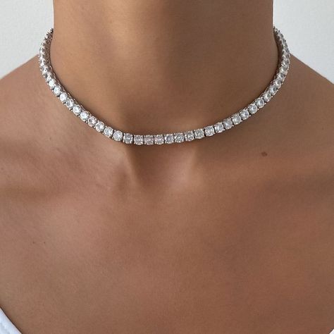 Prom Jewelry Necklace, Silver Prom Jewelry, Tennis Choker Necklace, Formal Jewelry, Silver Diamond Necklace, Diamond Tennis Necklace, Choker Chain, Tennis Chain, Diamond Necklace Set