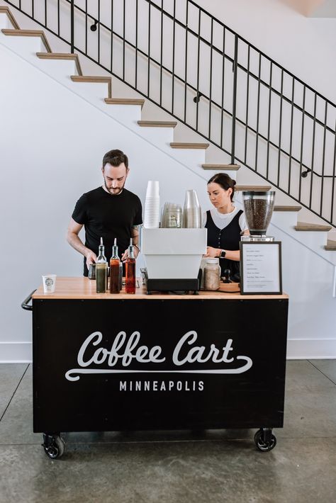 Coffee Stands Ideas, Movable Coffee Bar, Diy Mobile Coffee Cart, Coffee Cart Decor, Mobile Coffee Cart Design, Pop Up Coffee Bar, Coffee Mobile Cart, Coffee Cart Ideas Small Spaces, Small Coffee Cart