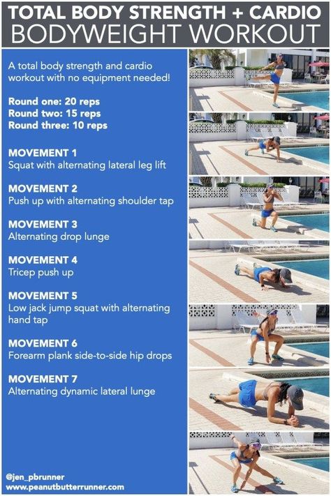 A bodyweight strength and cardio workout that you can do anywhere with no equipment! #exercise #techniques #fitness #weightlosstips #homegym #homeworkouts #health Cardio Burn, Workouts For Beginners, Equipment Workout, Boot Camp Workout, Cardio Workouts, Cardio Training, Body Strength, At Home Workout Plan, Dumbbell Workout