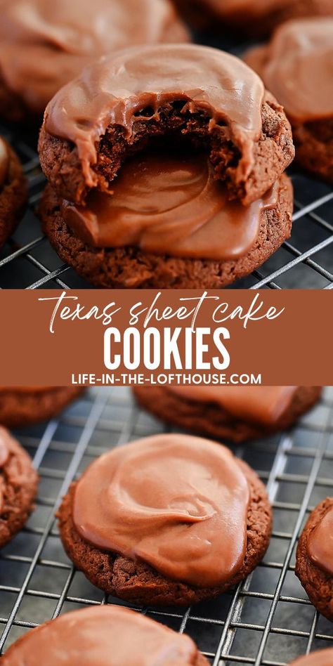 Texas Sheet Cake Cookies Texas Cake Cookies, Easy Texas Sheet Cake Cookies, Chocolate Sheet Cake Cookies, Texas Sheet Cake Cookies Recipes, Chocolate Cake Cookies Boxed, Frosted Chocolate Cookies, Easy Unique Cookie Recipes, Chocolate Desserts Easy Quick, Box Cake Cookies