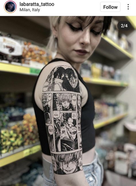 Comic Strip Tattoo Ideas, Anime Half Sleeve Tattoo, Comic Strip Tattoo, Anime Leg Sleeve Tattoo, Strip Tattoo, Wolverine Tattoo, Mangas Tattoo, Hunter Tattoo, Unique Tattoos For Men