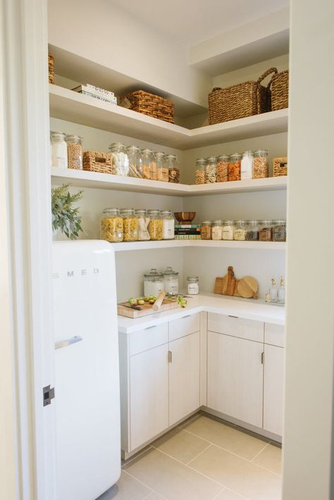 Steal This Look: The Modern Farmhouse Pantry - Remodelista Pantry With Full Size Fridge, Scullery Ideas, Modern Farmhouse Pantry, Pretty Pantry, Pantry Inspiration, Gray Gardens, Apartment Entrance, Smoothie Maker, Farmhouse Pantry